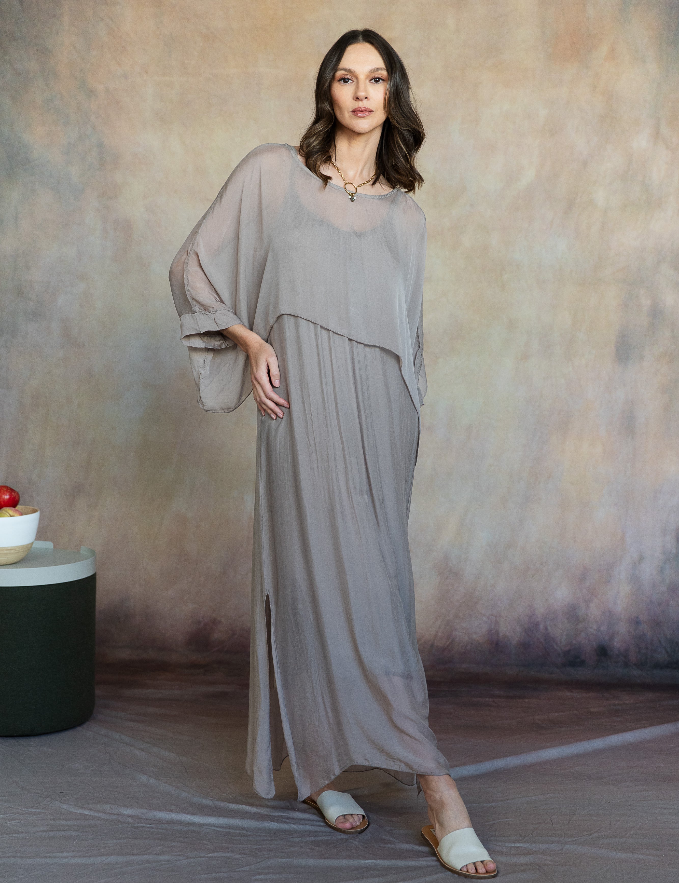 italian silk dresses Italia Dress Light Taupe The womens Italian silk tiered dress is the most flattering From Spain to Melbourne A
